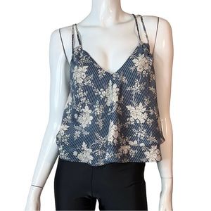 Urban Outfitters Blue with White Floral‎ Print Stripes Spaghetti Strap Blouse